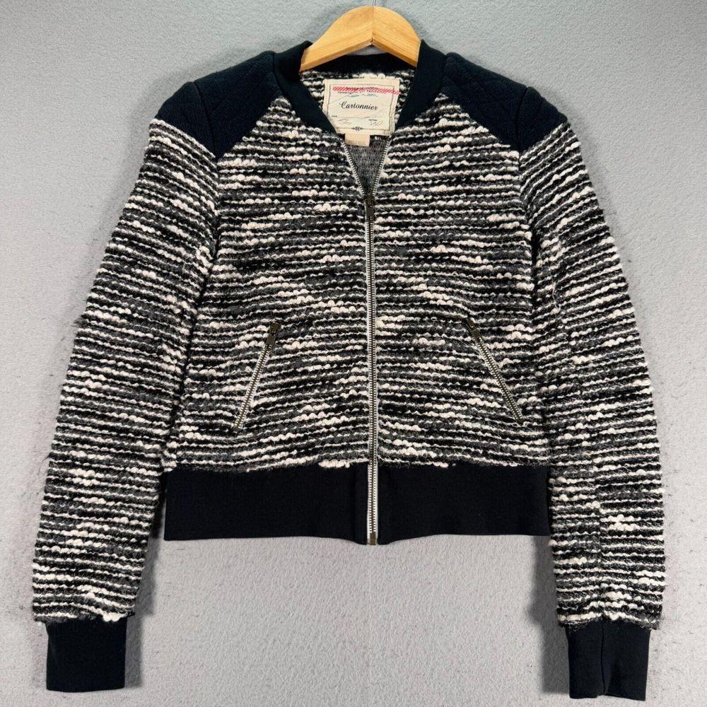 Anthropologie Boucle Bomber Jacket Womens XS Petite Black Knitted Band Collar
